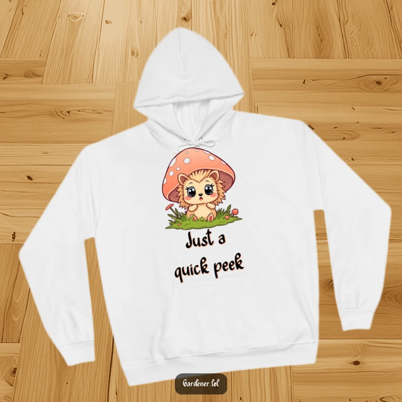 Funny and cozy hedgehog hoodie with a surprised character peeking from behind a mushroom, ideal for chilly weather.