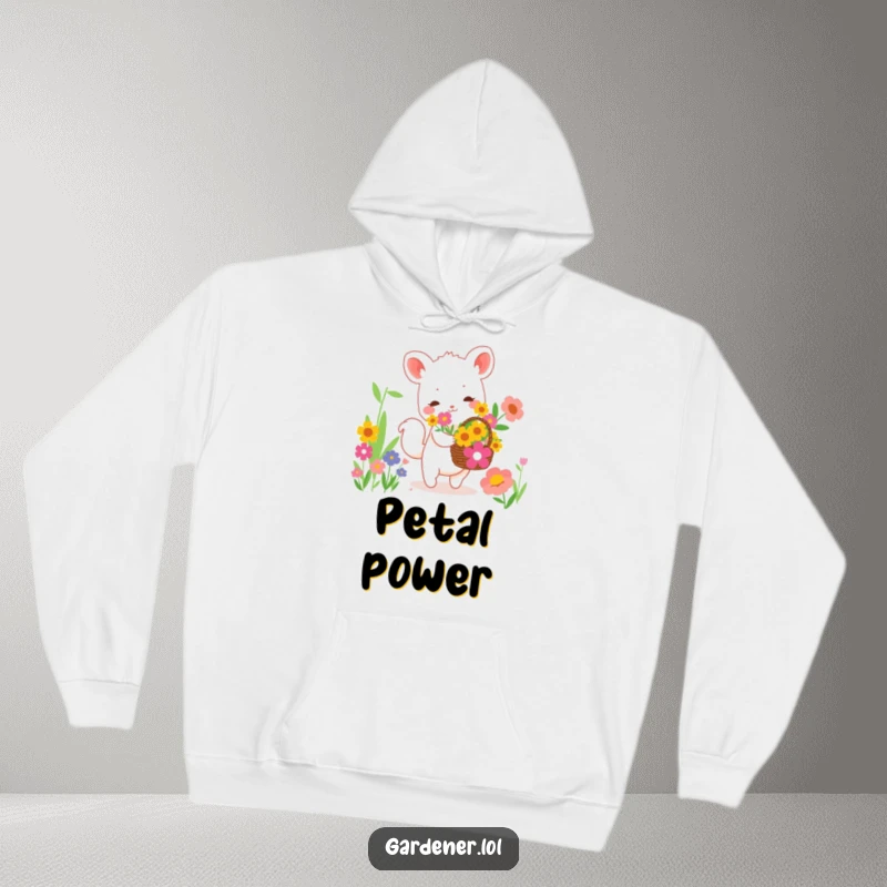 Funny hoodie depicting a cute animal character happily collecting vibrant flowers in a basket, a scene of cozy, nature-inspired joy.