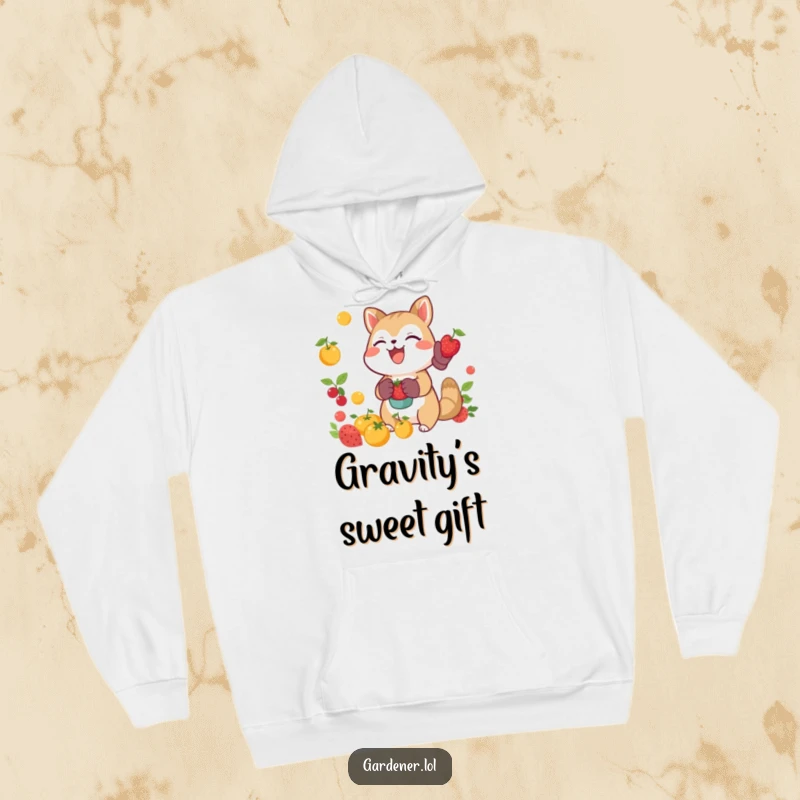 Funny joyful animal catching falling fruit with gardening gloves, cozy harvest hoodie, cheerful nature-themed apparel.