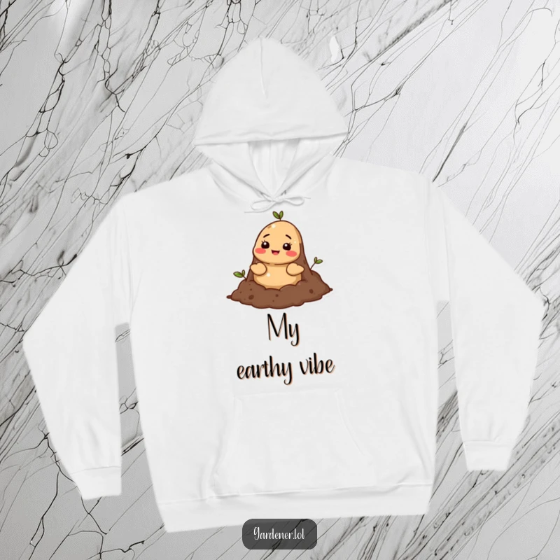 Funny mole soil hoodie, a cheerful cartoon mole character emerging from rich soil, its expression bright and full of earthy cheer.