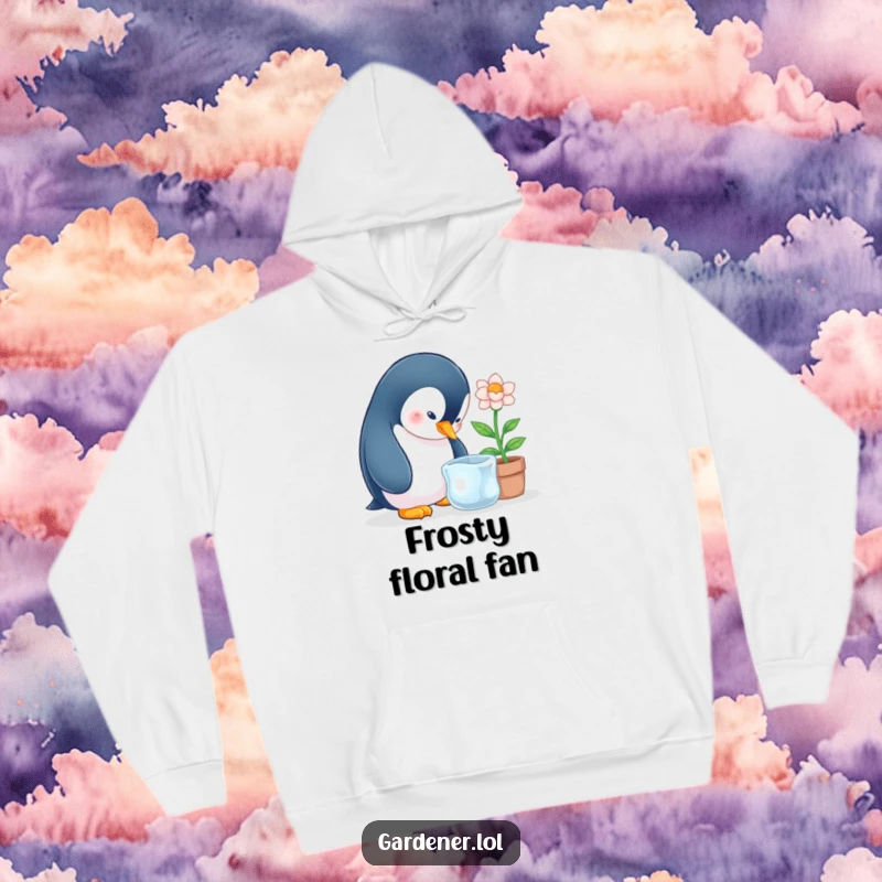 Funny penguin bundled up, tending to an ice flower in a pot, depicted on a hoodie.