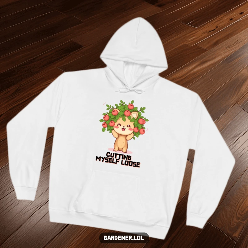 Funny hoodie with a cheerful animal character busy pruning a small, friendly bush, offering warmth and gardening humor.