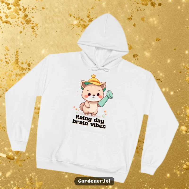 Funny hoodie showcasing a cute animal character using a watering can as a stylish hat, offering comfort and a dose of humor.