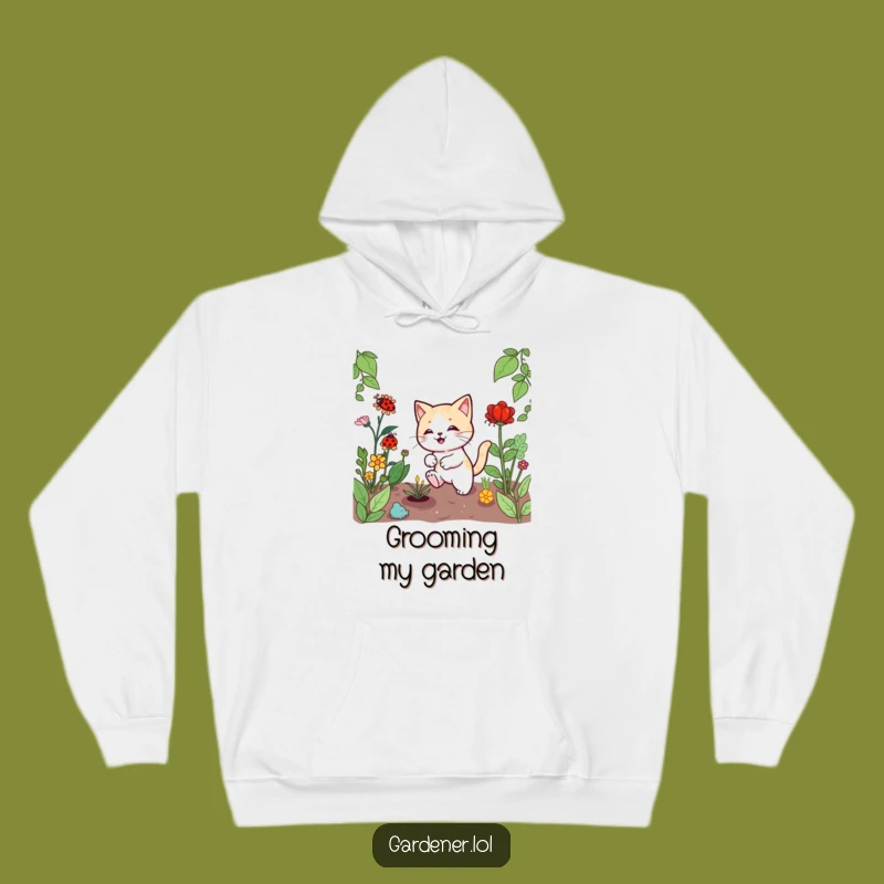 Cozy Funny Kawaii Cat Gardener Hoodie, Playful Ladybug Chase, Warm & Whimsical Gift
