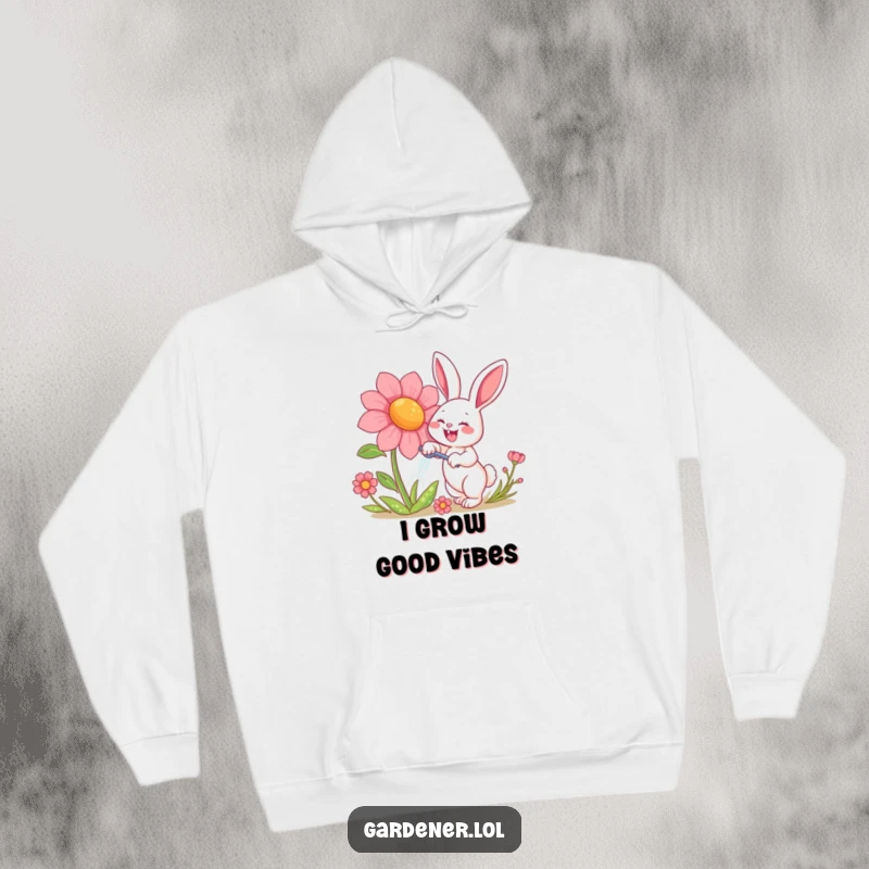 Funny hoodie depicting a happy rabbit character gleefully watering a gigantic, smiling flower, perfect for cozy, humorous, garden-themed relaxation.