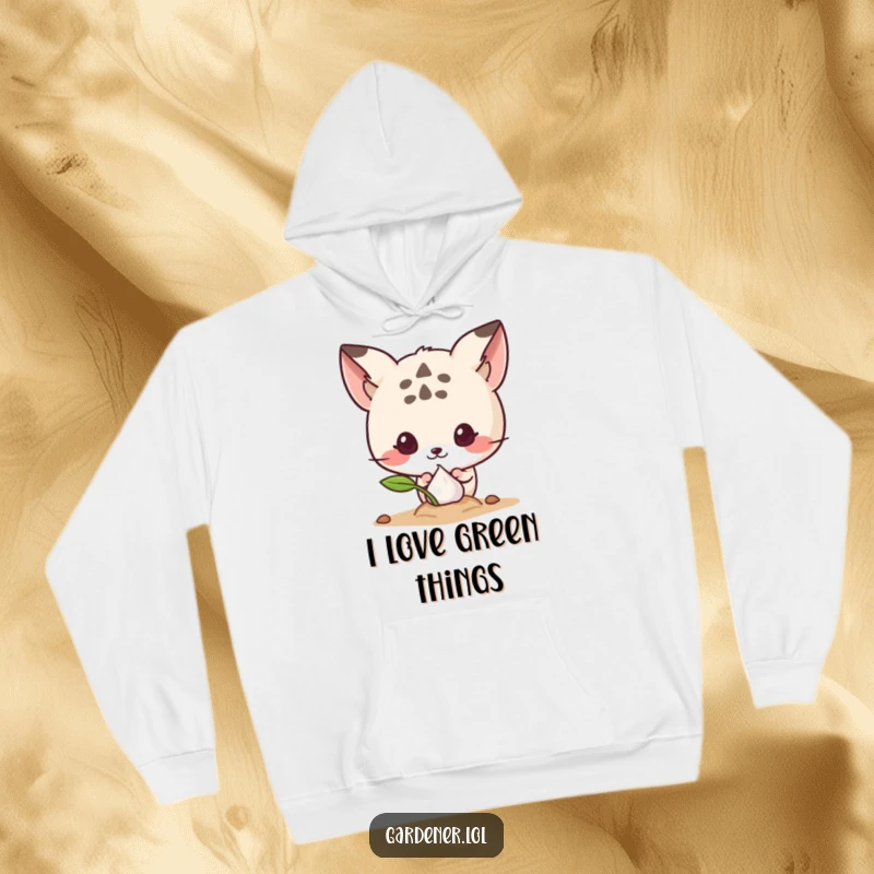 Funny hoodie showing a cute animal character curiously peeking at a sprouting seed, symbolizing new life and a playful spirit.
