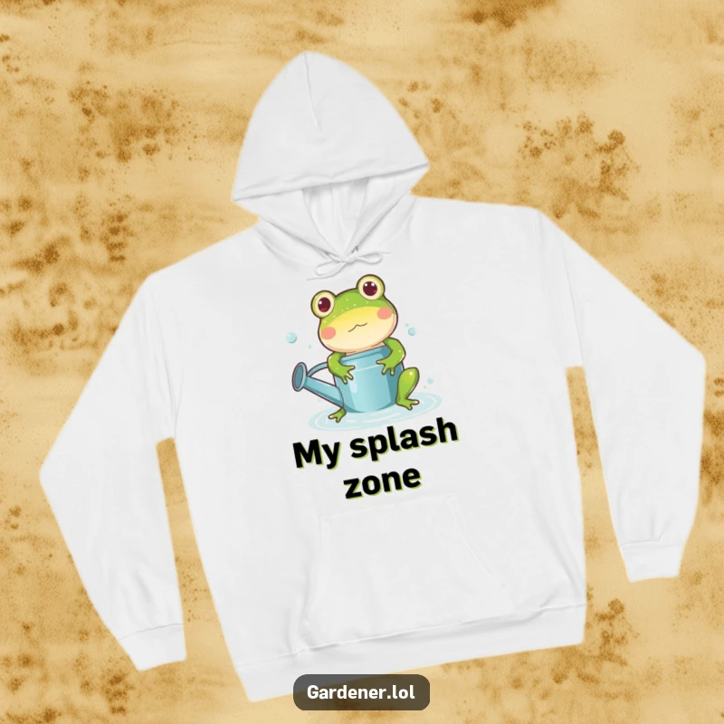 Funny frog watering can hoodie, a playful cartoon frog character joyfully splashing within a watering can, creating a scene of wet, happy fun.