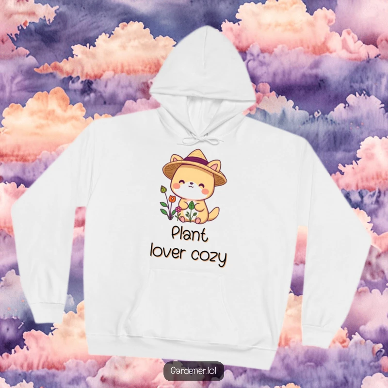 Funny animal character hoodie in a straw hat, delighted by plants, perfect for cozy gifting.