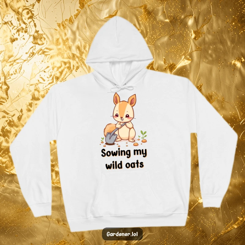 Funny, happy squirrel planting seeds with a mini shovel, depicted on a comfy hoodie.