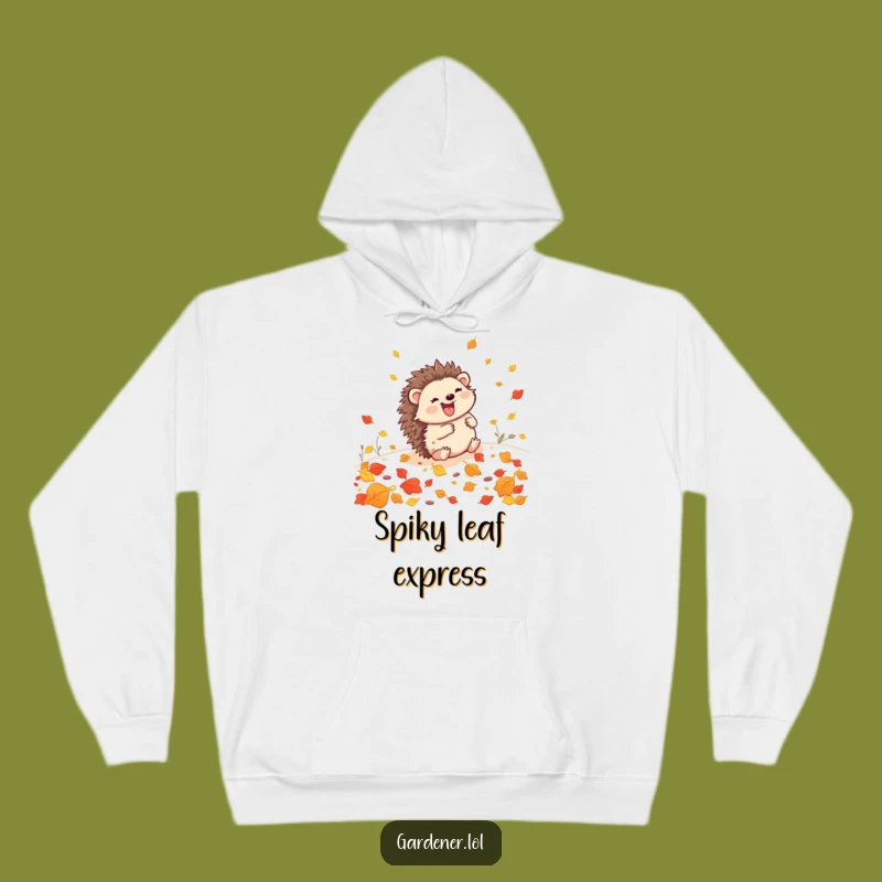 Funny Hedgehog Gardener Hoodie: Cozy Rolling Leaf Design, Warm Funny Gift