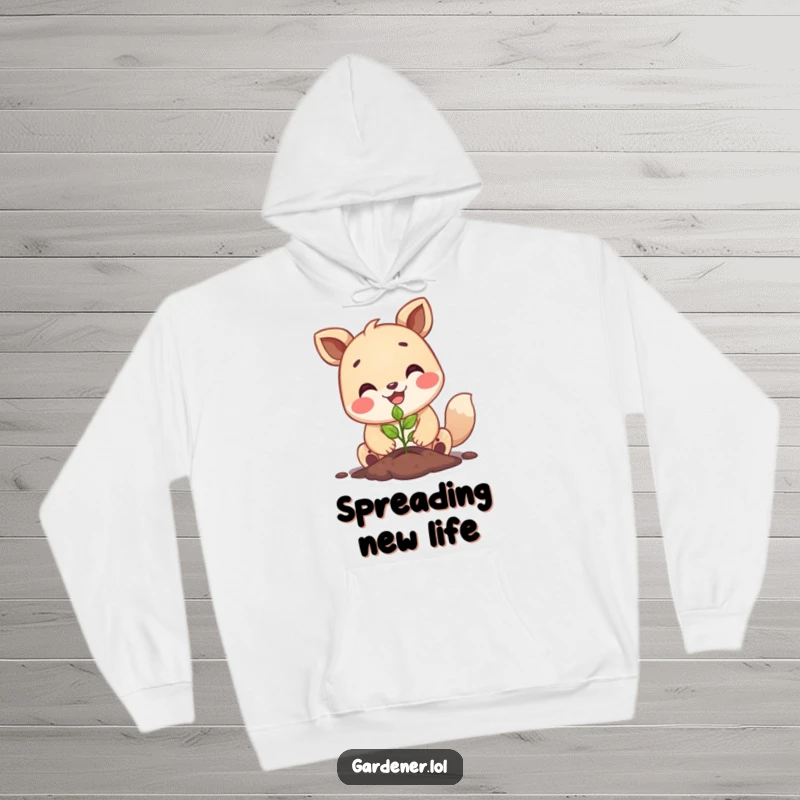 Funny happy animal planting a tiny seedling with a big smile, cozy gardening hoodie, cheerful nature-themed apparel.