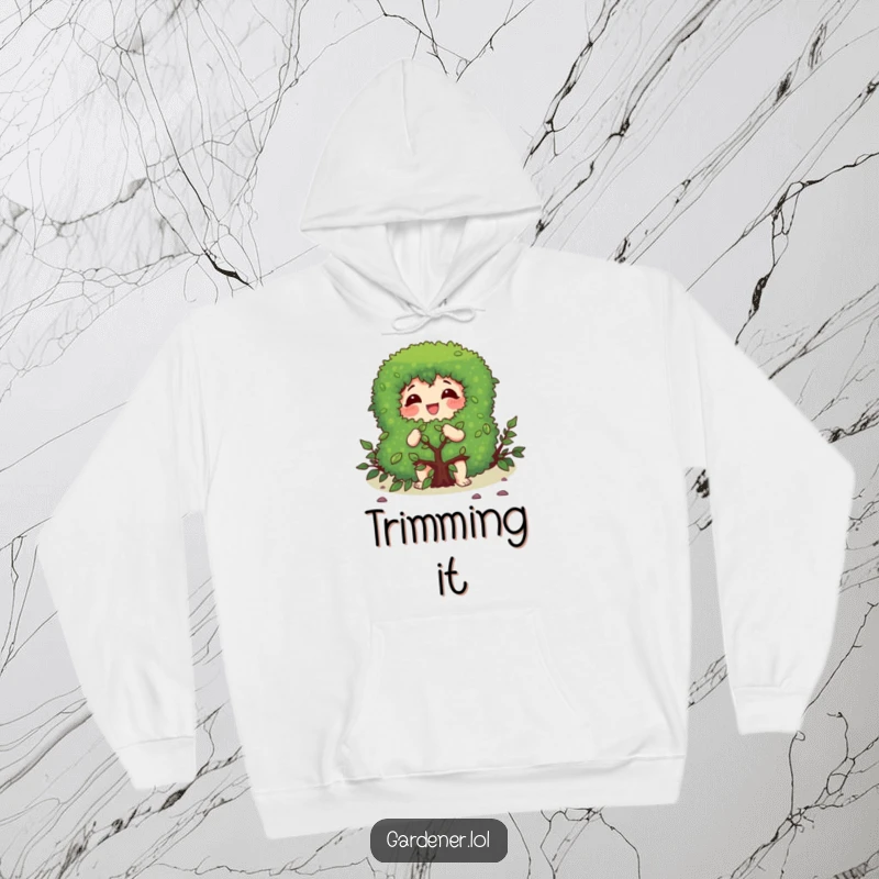Funny hoodie depicting a character gleefully pruning a bush with a focused expression, offering warmth and gardening pride.