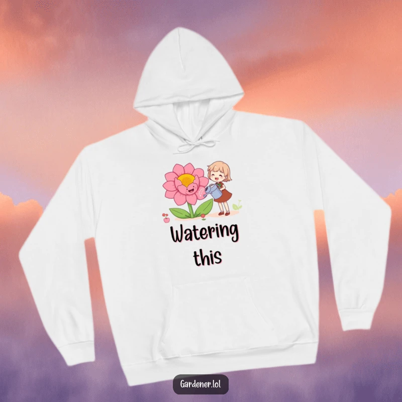 Funny hoodie depicting a character joyfully watering a giant, smiling flower, offering warmth and a dose of garden silliness.
