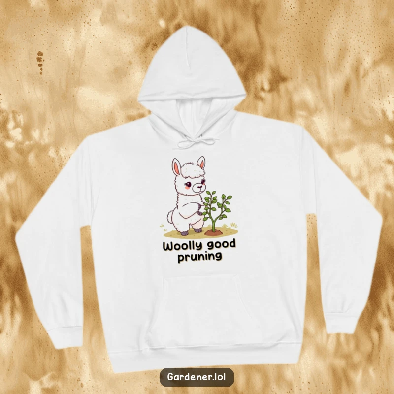 Funny Llama Gardener Hoodie: A whimsical llama artistically prunes a tiny bonsai tree, exuding calm and horticultural humor.