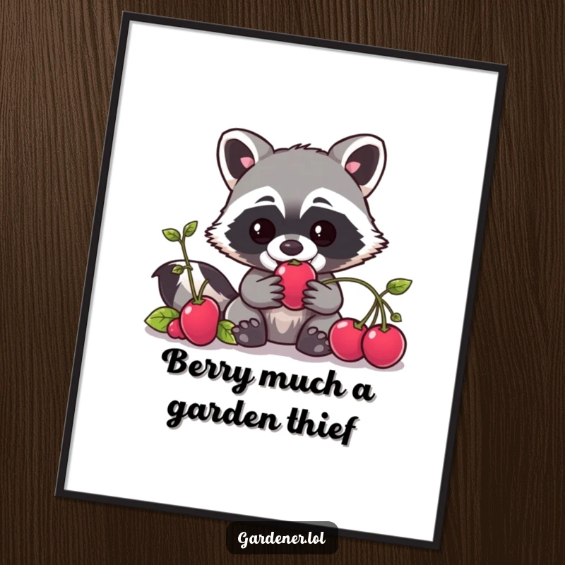 Funny Free Printable Wall Art: Mischievous Kawaii Raccoon gardener caught sneaking a berry, whimsical downloadable decor.