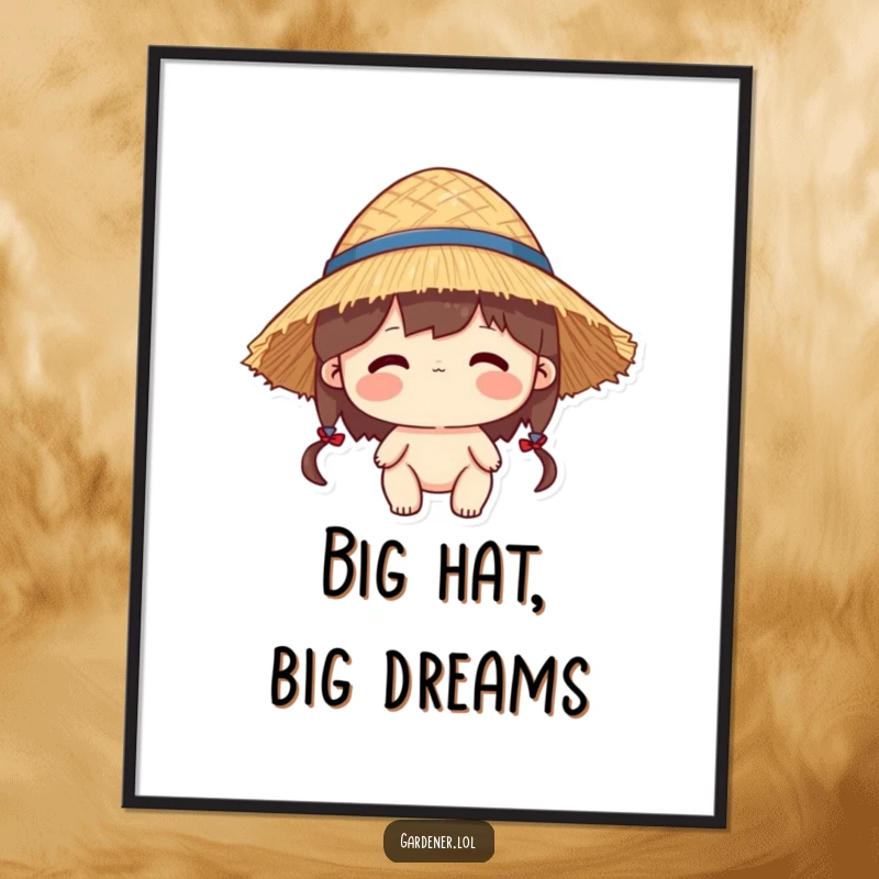 Funny Free Printable Wall Art: A character comically wears a straw hat that is slightly too big.