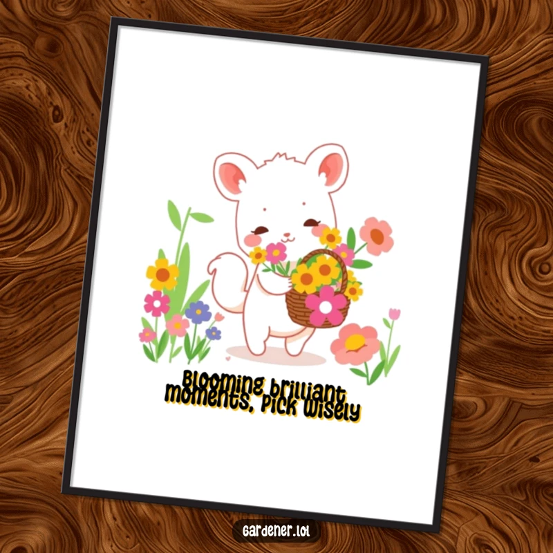 Funny Free Printable Wall Art: Cute animal happily collecting vibrant flowers in a basket, adding cheerful decor.