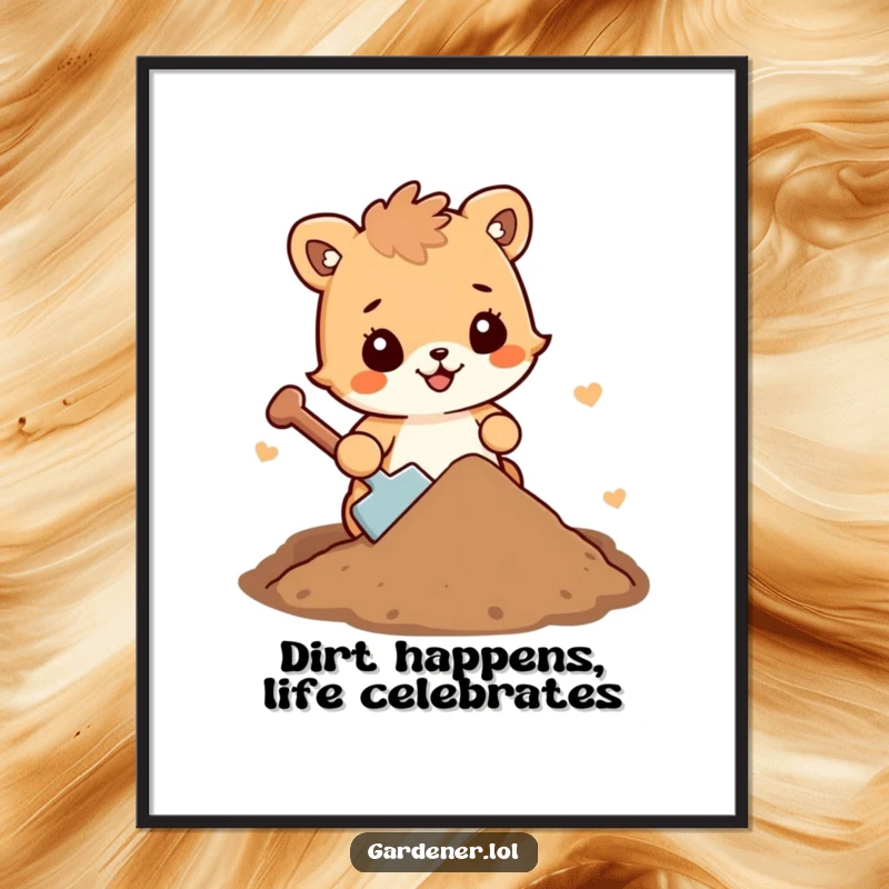 Funny Free Printable Wall Art: A cute animal character gleefully shoveling a small mound of cheerful dirt, adding humor.