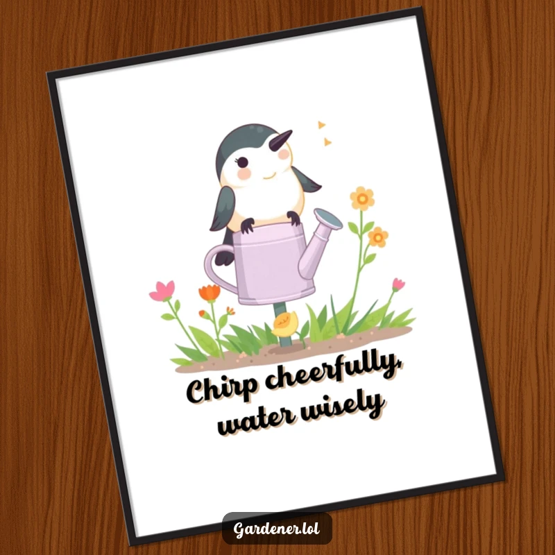 Funny Free Printable Chickadee Gardener Wall Art, happily perching on a watering can, chirping with garden joy.
