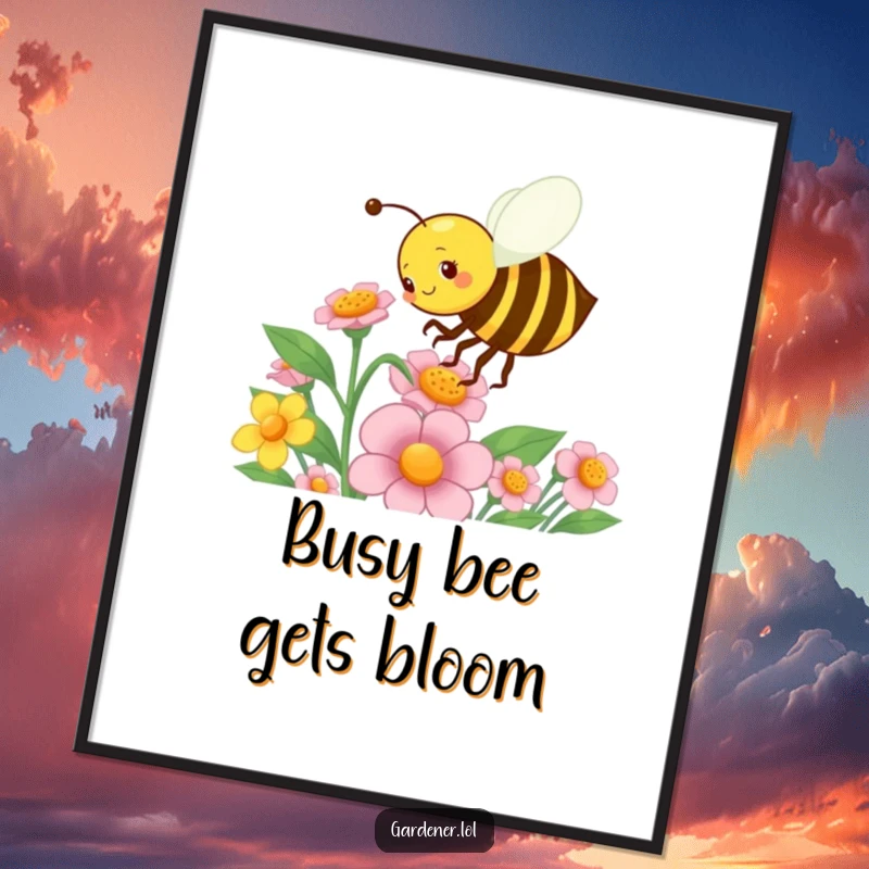 Funny Free Printable Wall Art: A busy bee gardener with energetic movements pollinates a bright flower, bringing life and color indoors.