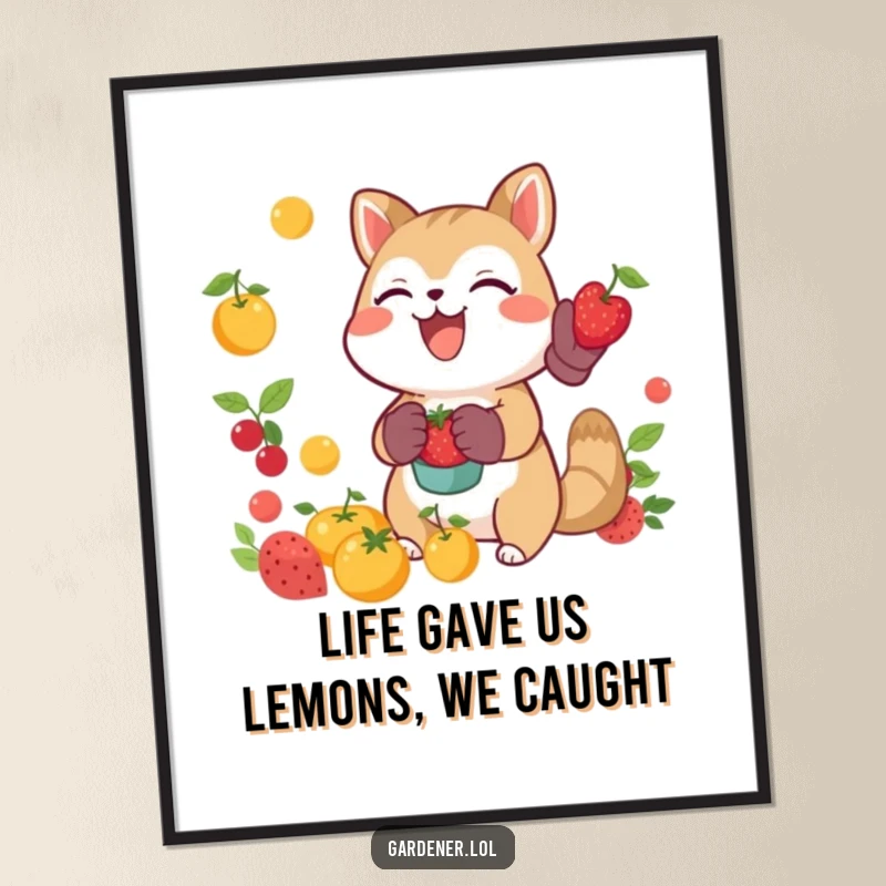 Funny Free Printable Wall Art: A joyful animal character uses gardening gloves to catch falling fruit, embodying fun and abundance.