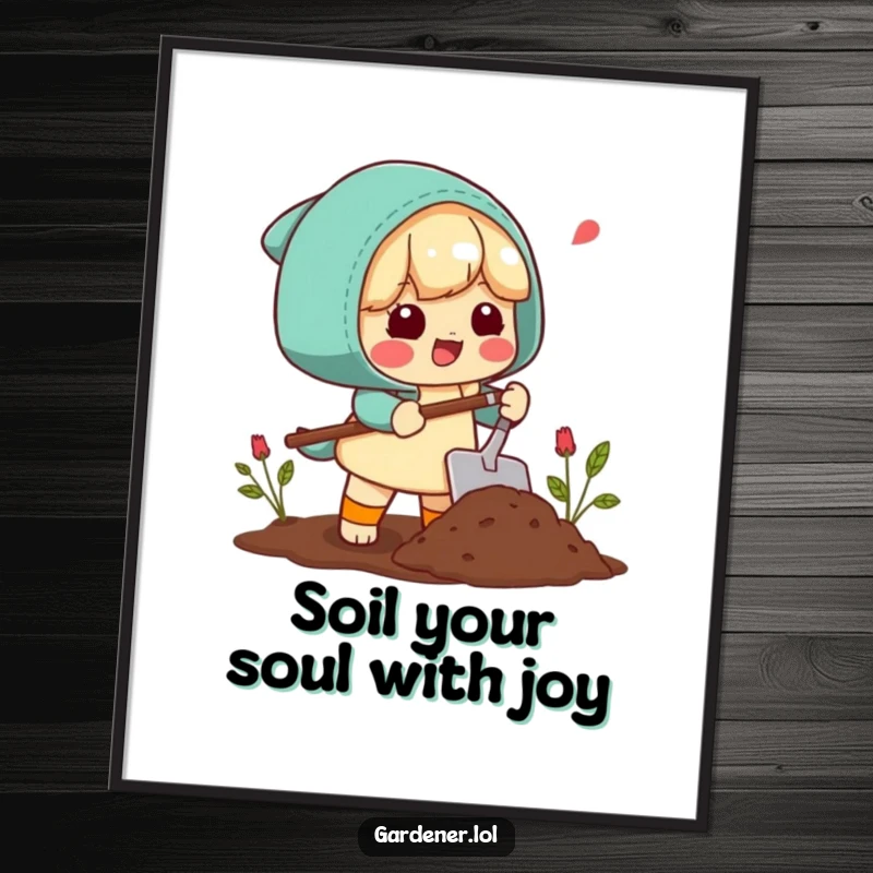 Funny Free Printable Wall Art: Character happily scoops soil with a trowel, sighing contentedly. Relaxing downloadable art.
