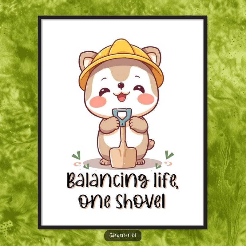 Funny Free Printable Wall Art: Happy character skillfully balances a tiny shovel on its nose, adding playful charm and whimsy indoors.