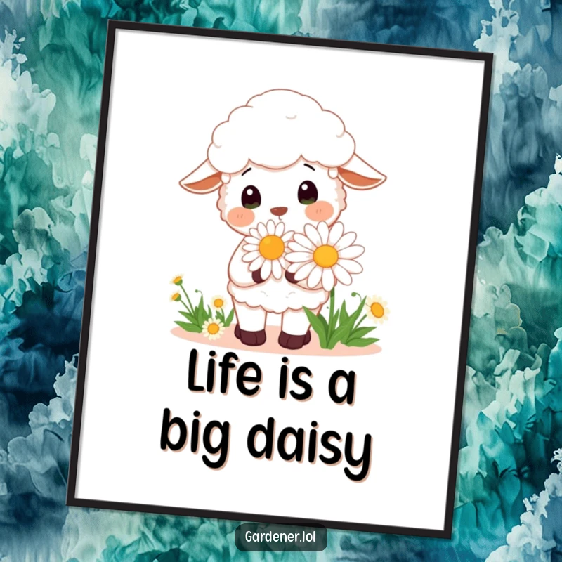 Funny Free Printable Wall Art: Cheerful Kawaii Sheep gardener smelling a remarkably large daisy, whimsical downloadable decor.