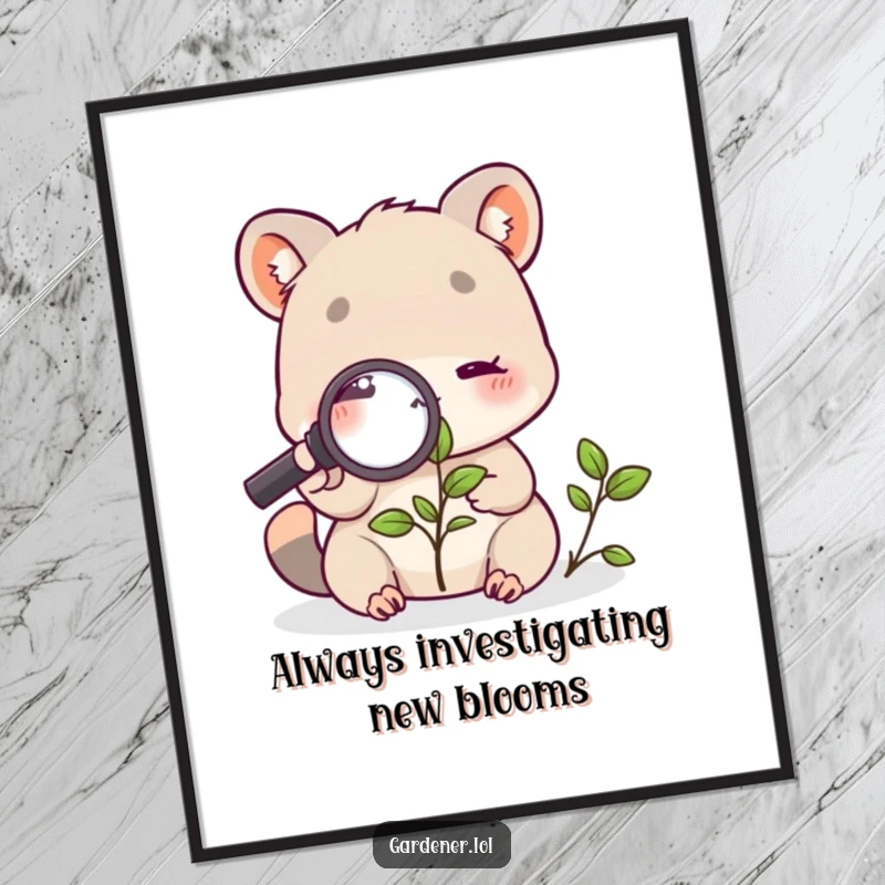Funny Free Printable Wall Art: Adorable animal character examining a plant with a magnifying glass, showcasing scientific inquisitiveness and humor.