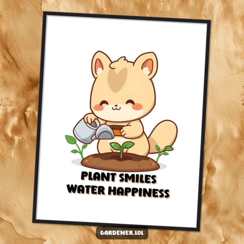 Funny Free Printable Wall Art: A cute animal gardener happily waters a tiny sprout, radiating joy and the beauty of growth.