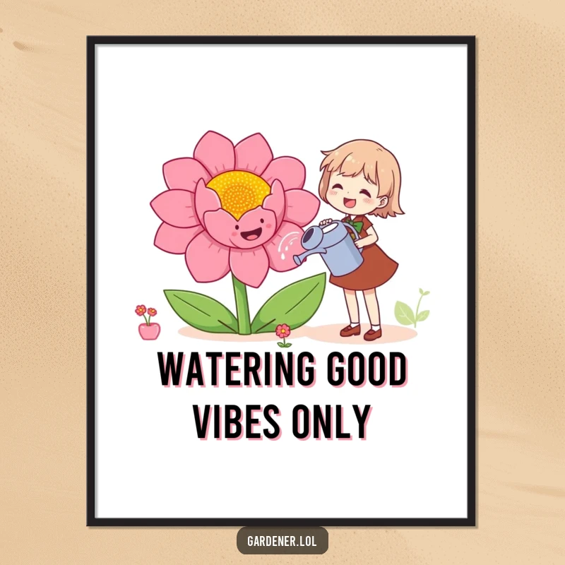 Funny free printable wall art of a character joyfully watering a giant smiling flower, bringing cheerful garden vibes.