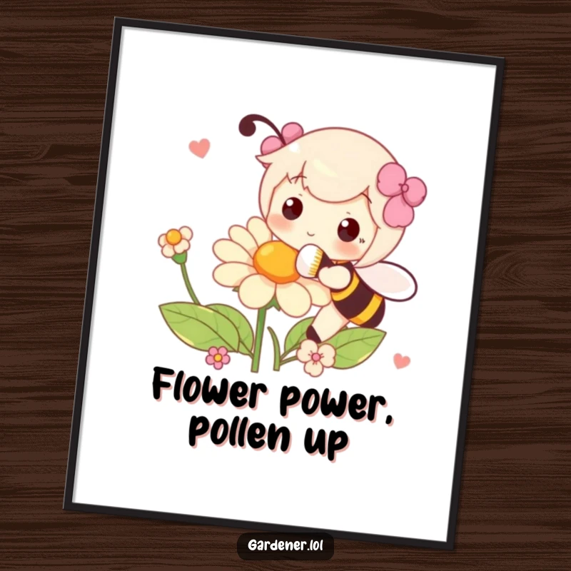 Funny free printable wall art of a character playfully pollinating a flower with a fluffy brush, adding whimsical decor.