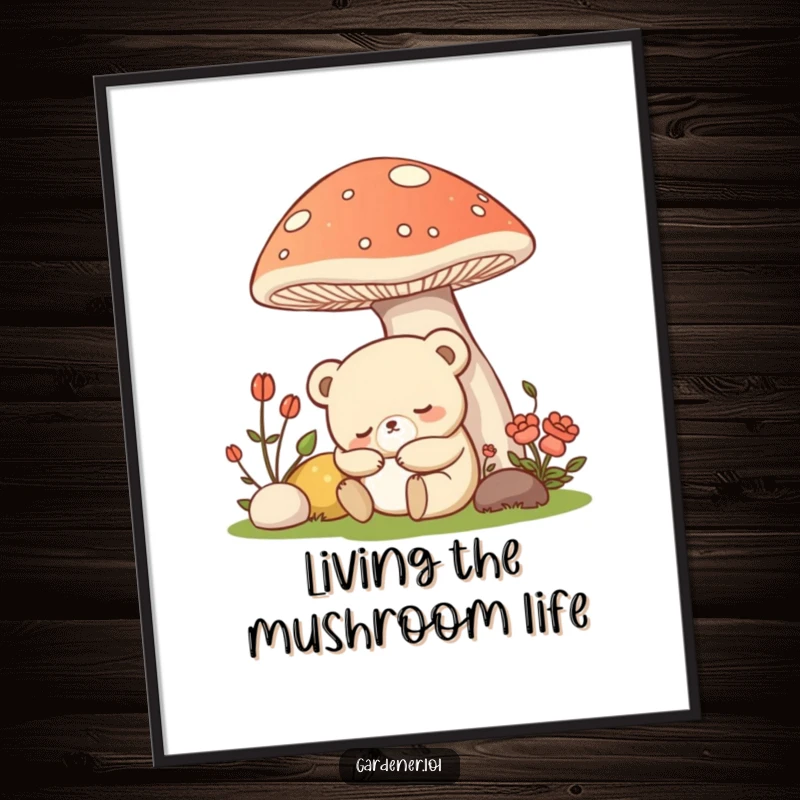 Funny Free Printable Wall Art: Sleepy Kawaii Bear gardener napping under a giant mushroom, whimsical downloadable decor.