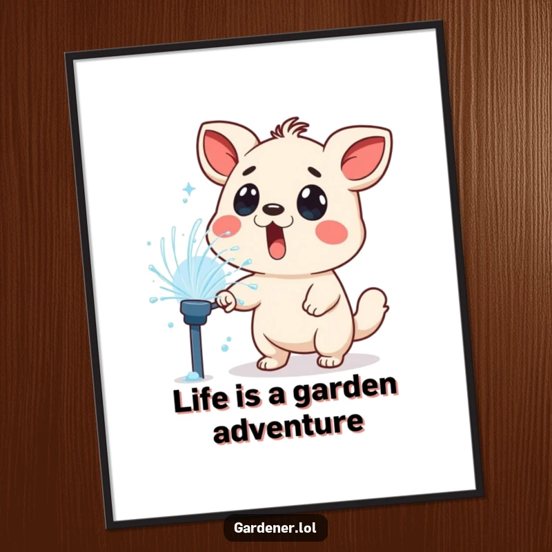 Funny free printable wall art: a surprised animal character is playfully sprayed by a sprinkler in a hilarious moment.