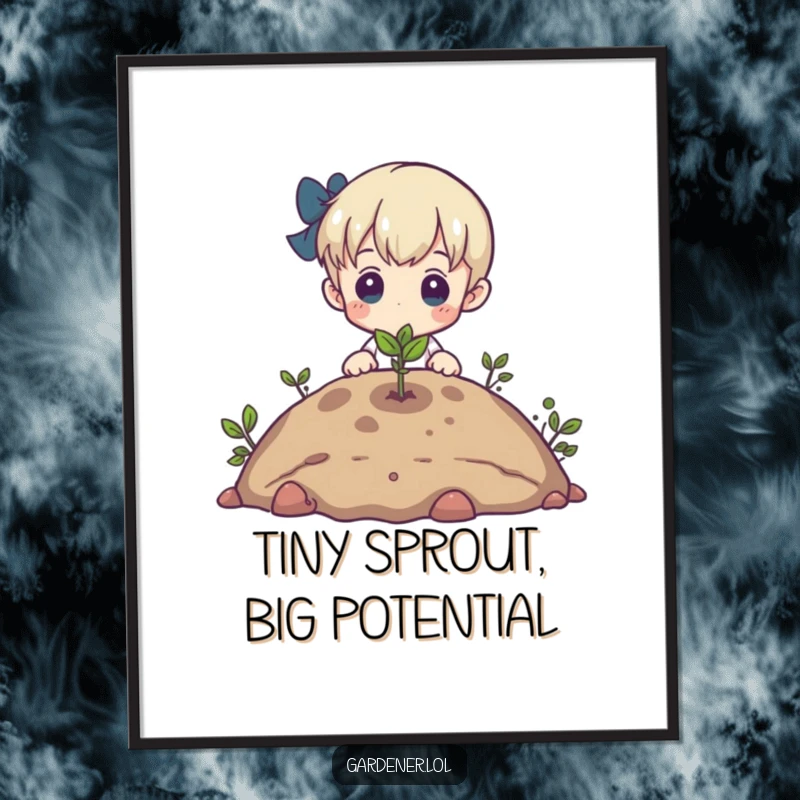 Funny free printable wall art of a character admiring a tiny sprout emerging from the earth, symbolizing new beginnings.