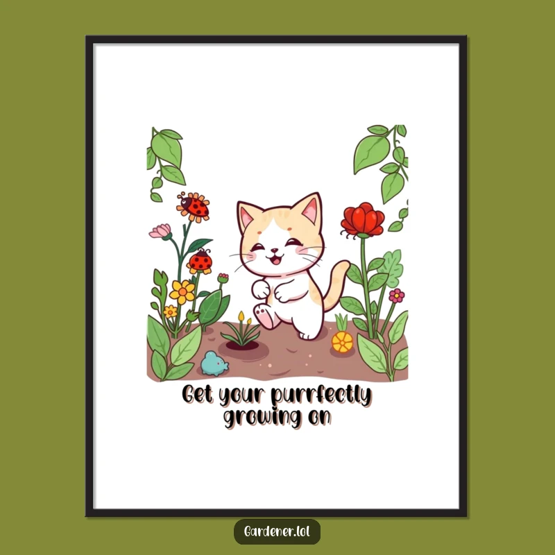 Free Printable Wall Art: Humorous Kawaii Cat Gardener Scene, Downloadable DIY Decor!