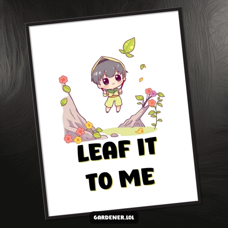 Funny Free Printable Wall Art: Character attempting to catch a falling leaf with a butterfly net for amusing and whimsical decor.