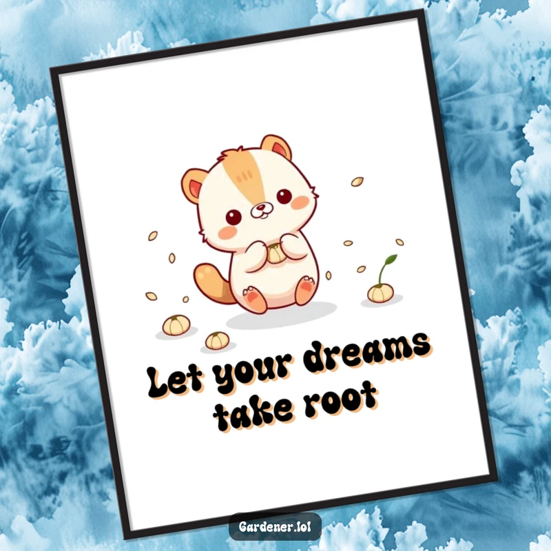 Funny Free Printable Wall Art: A cute animal character is captured mid-play, interacting with floating seeds.