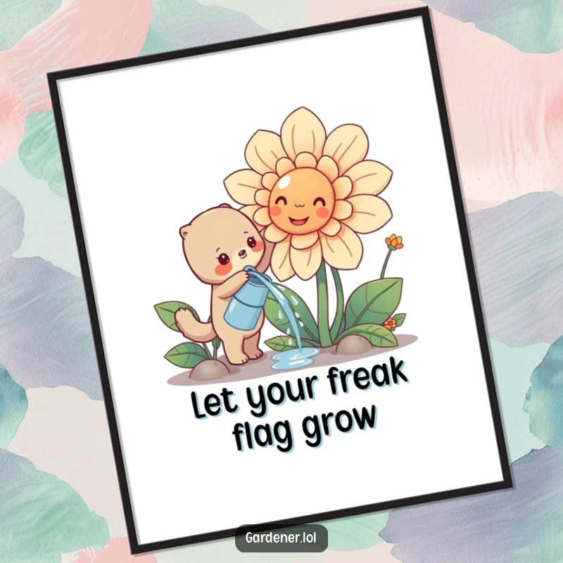 Funny Free Printable Wall Art: A cute animal happily watering a giant, smiling flower in a whimsical garden.