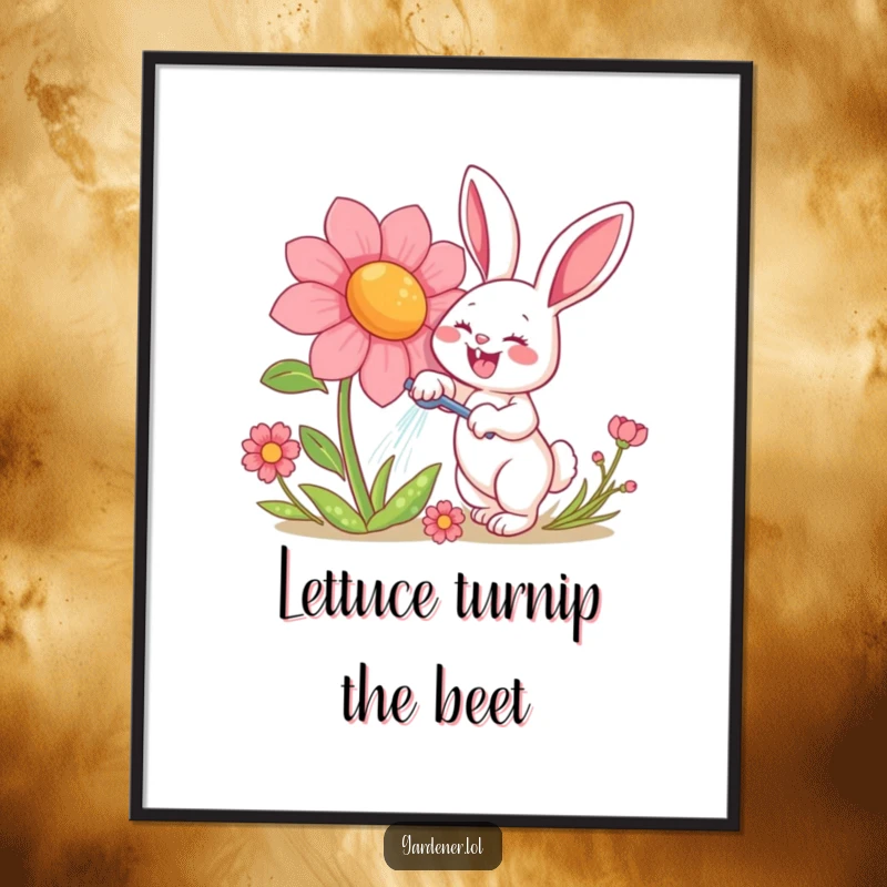 Funny Free Printable Wall Art: A happy rabbit gleefully watering a giant, smiling flower, bringing garden humor indoors.
