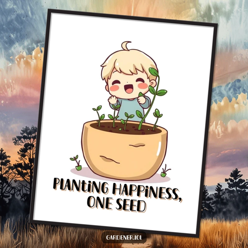 Funny Free Printable Wall Art: Cheerful character planting tiny seeds in a massive pot, radiating positive vibes and growth.