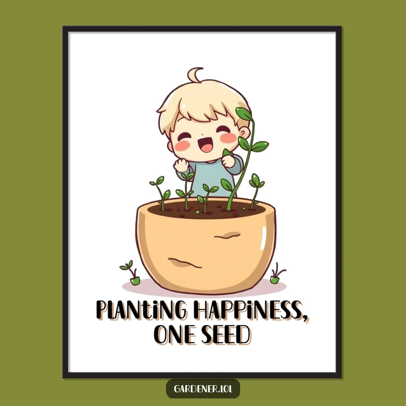 Free Printable Wall Art: Cheerful Gardener Planting Seeds, Humorous Downloadable Decor