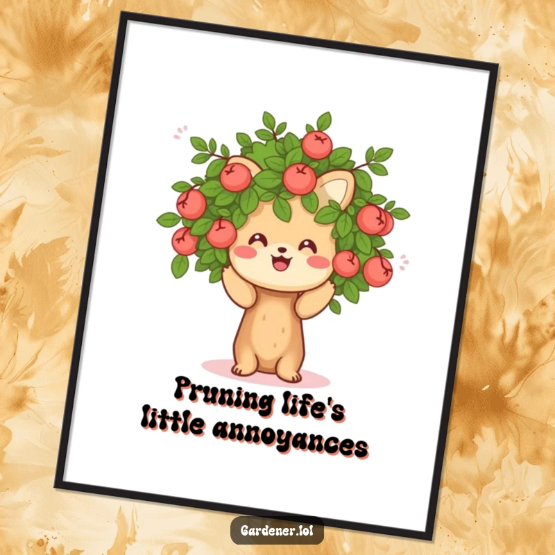 Funny Free Printable Wall Art: A cheerful animal character is depicted pruning a small, friendly bush, adding whimsical DIY decor.