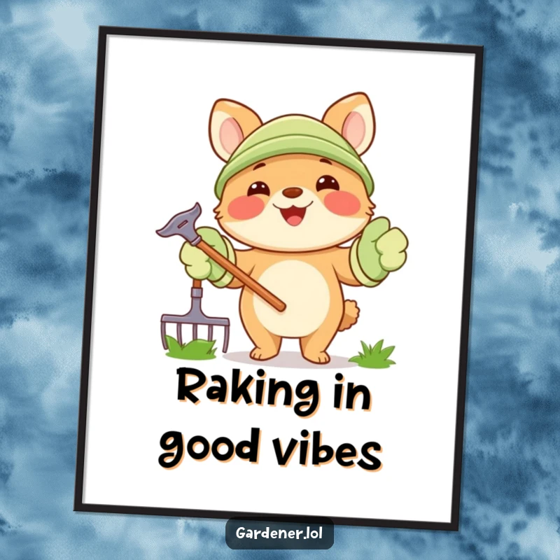 Funny Free Printable Wall Art: A joyful animal in oversized gardening gloves happily holds a rake, ready for outdoor adventures.