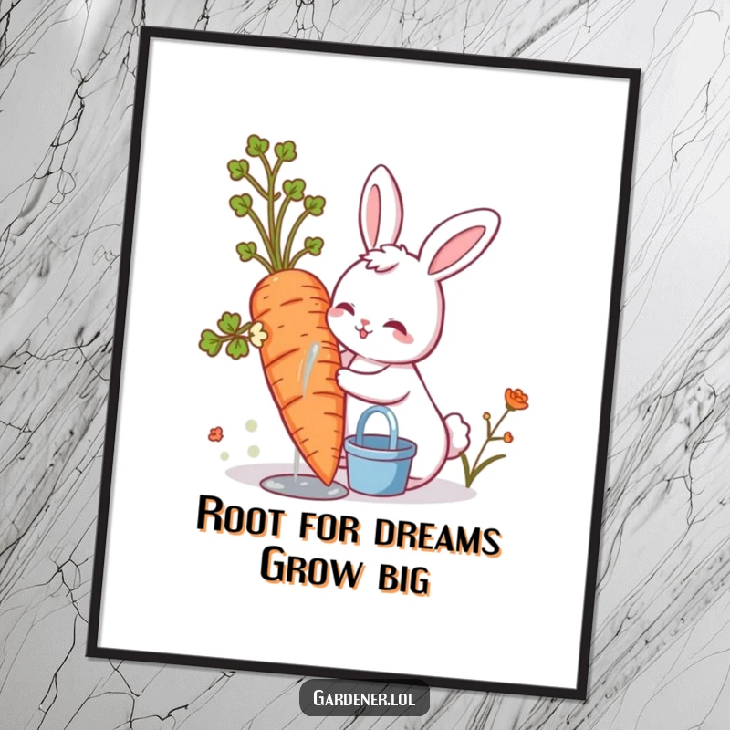 Funny Free Printable Wall Art: A cute bunny happily waters a giant carrot in a whimsical garden scene.