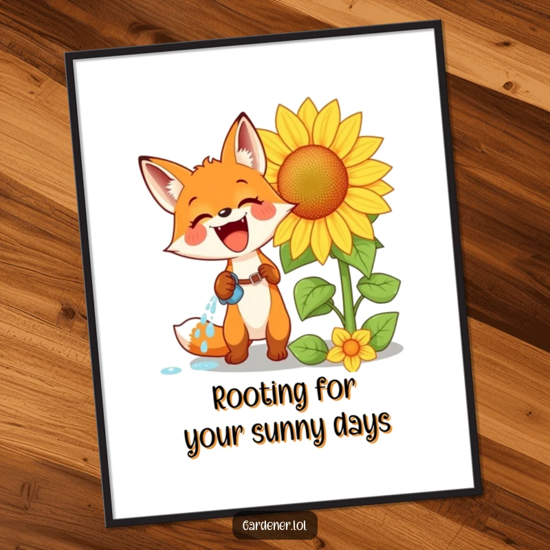 Funny Free Printable Wall Art: An excited fox waters a giant sunflower with infectious glee, creating a whimsical scene.