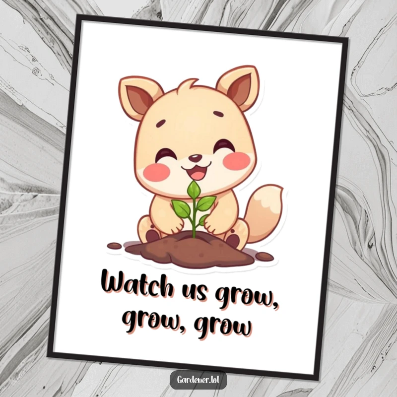 Funny Free Printable Wall Art: A happy animal character plants a tiny seedling with a big smile, embodying growth and joy.