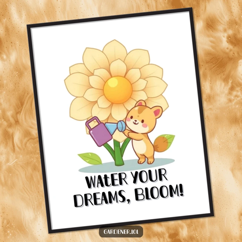 Funny Free Printable Wall Art: Cute animal joyfully waters a giant flower, bringing life and cheer to any room.