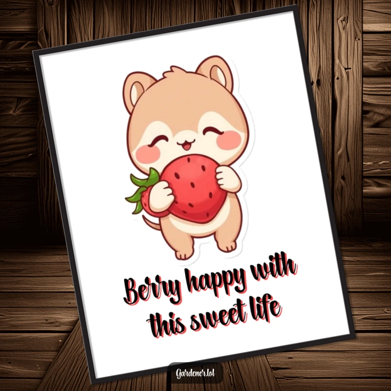 Funny Free Printable Wall Art: Cute animal examining a plump, happy strawberry with immense glee, adding charm to decor.