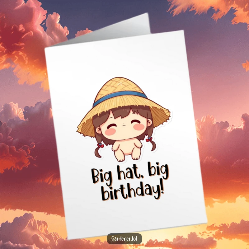 Funny Free Printable Birthday Card: Character wears a straw hat that is slightly too big, looking comical.